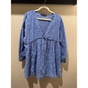 Zara Blue Boho XL Dress With White Embroidered Flowers - Women’s Size X-Large